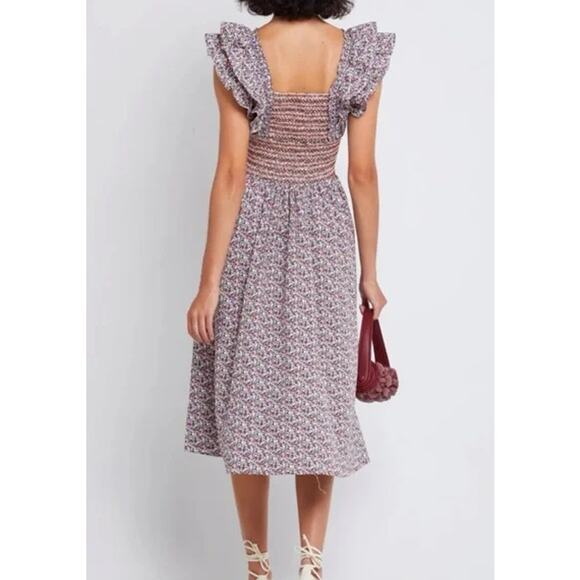 Anthropologie OPT Scilla Midi Dress Floral Ruffle V-Neck Smocked, Purple/ Red - Picture 3 of 11